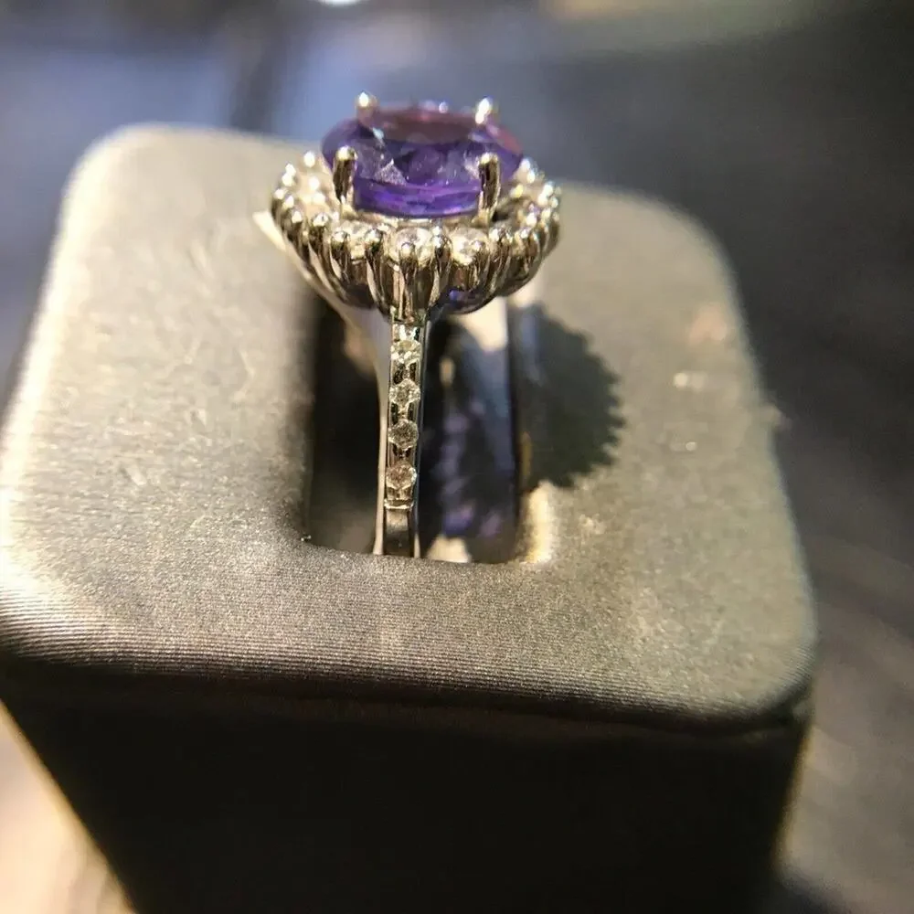 Cocktail Ring 925 Sz8 Round Amethyst Circle Diamonds (All Stones Simulated)